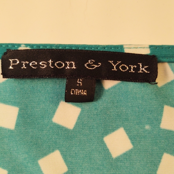 PRESTON YORK Turquoise White Square Pattern Sleeveless Drop Neck Top Sz Small - Picture 3 of 7